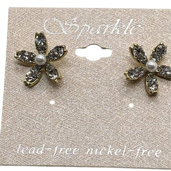 Sparkle Womens Floral Crystal Pearl Post Earrings Lead & Nickel-Free Rhinestones - Picture 1 of 6